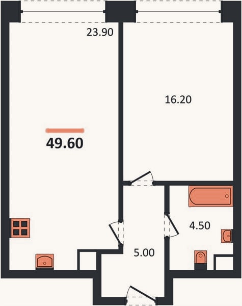 Планировка: 1-к, 49,6 м²