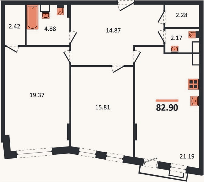 Планировка: 2-к, 82,9 м²