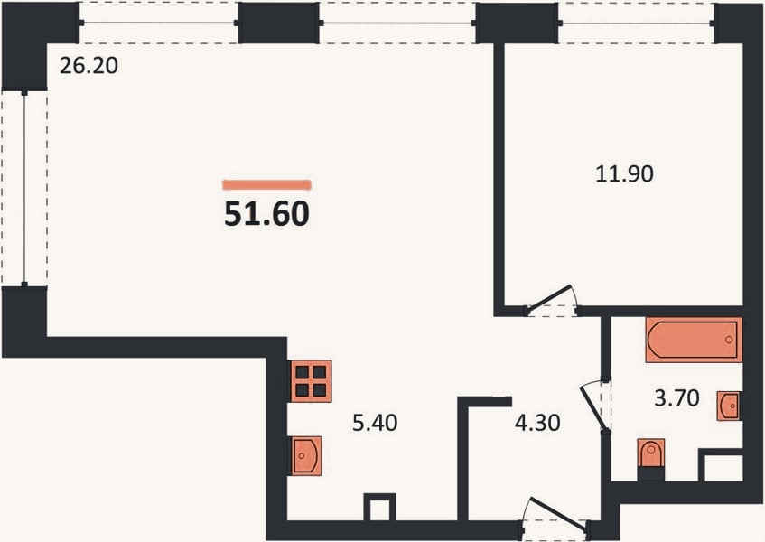 Планировка: 1-к, 51,6 м²