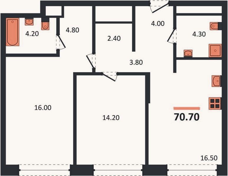 Планировка: 2-к, 70,7 м²