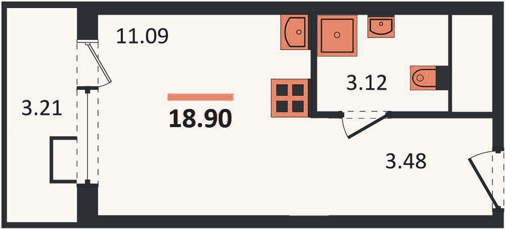Планировка: Студия, 18,9 м²