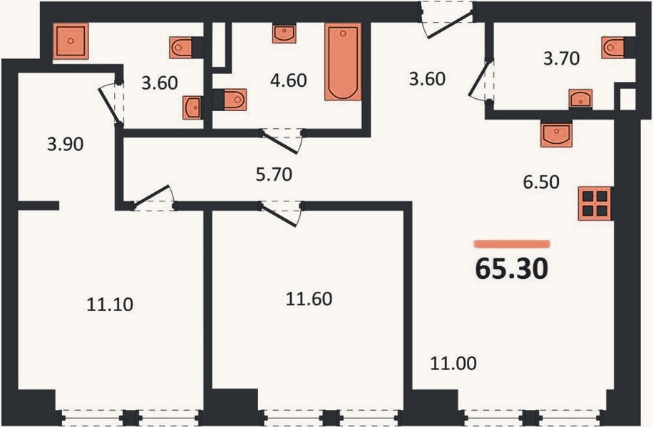 Планировка: 2-к, 65,3 м²