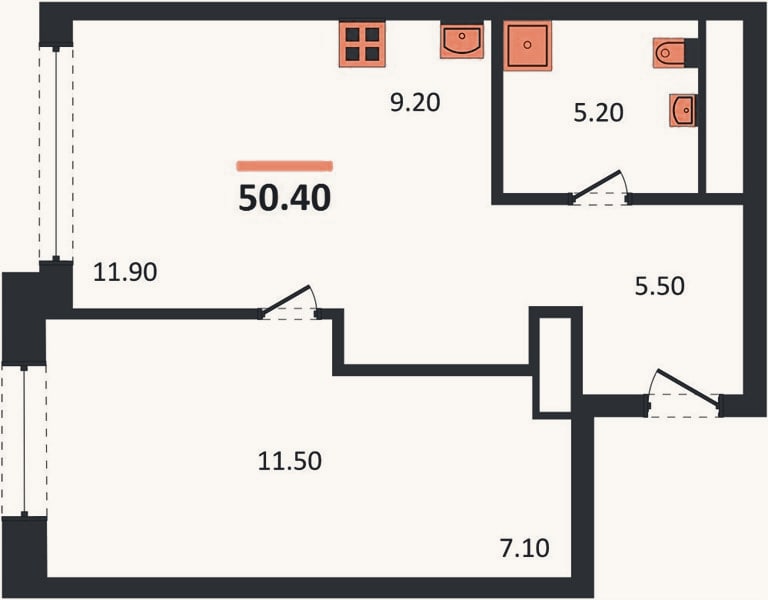 Планировка: 1-к, 50,4 м²