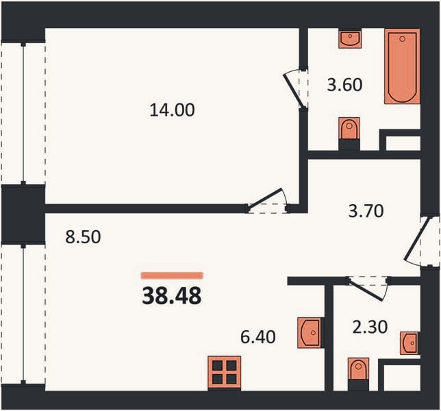 Планировка: 1-к, 38,5 м²
