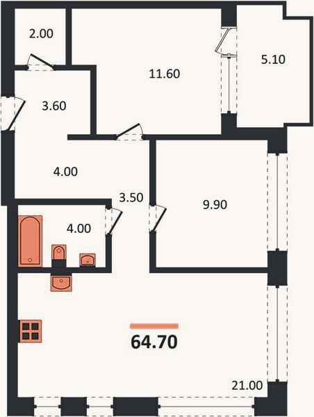 Планировка: 2-к, 64,7 м²