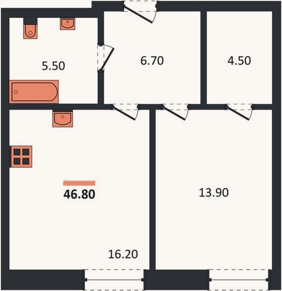 Планировка: 1-к, 46,8 м²