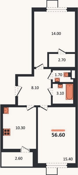 Планировка: 2-к, 57,5 м²