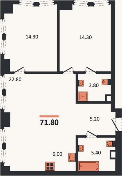 Планировка: 2-к, 71,4 м²