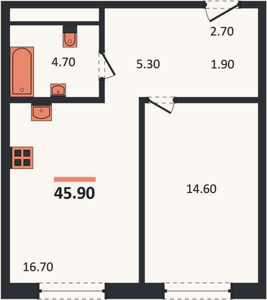 Планировка: 1-к, 45,9 м²