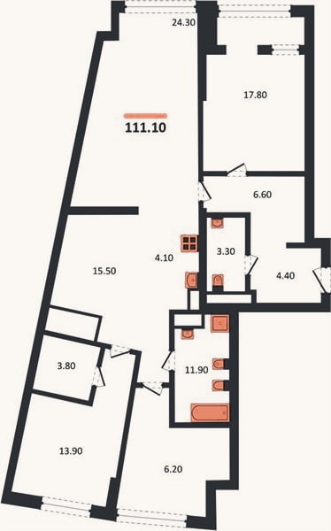 Планировка: 3-к, 111,1 м²