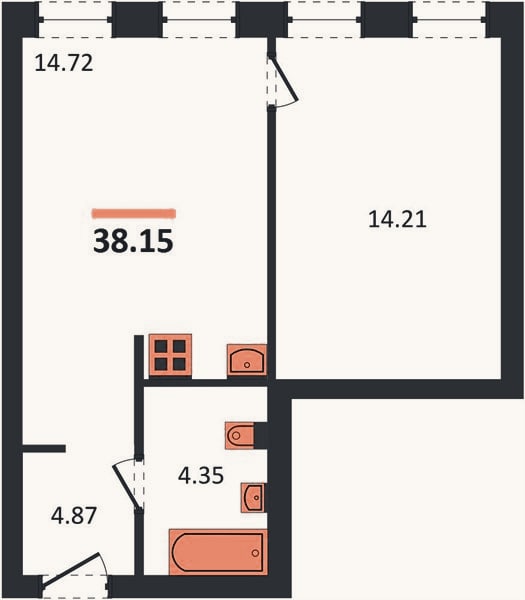 Планировка: 1-к, 38,2 м²