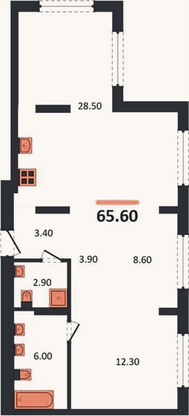 Планировка: 2-к, 65,6 м²