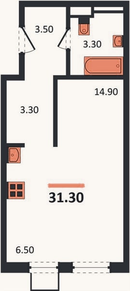 Планировка: Студия, 31,3 м²