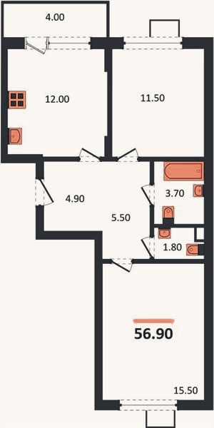 Планировка: 2-к, 56,9 м²
