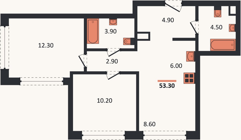Планировка: 2-к, 54 м²