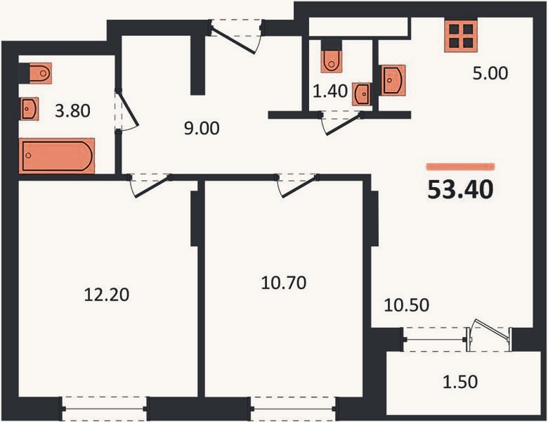 Планировка: 2-к, 53,4 м²