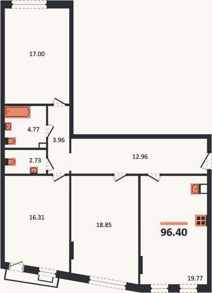 Планировка: 3-к, 96,4 м²