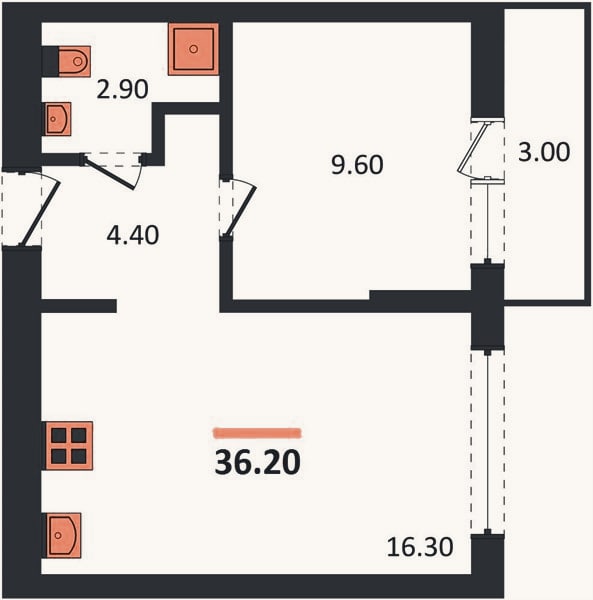 Планировка: 1-к, 36,2 м²