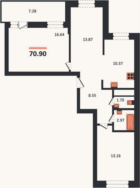 Планировка: 2-к, 70,9 м²