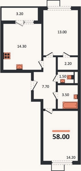 Планировка: 2-к, 58 м²