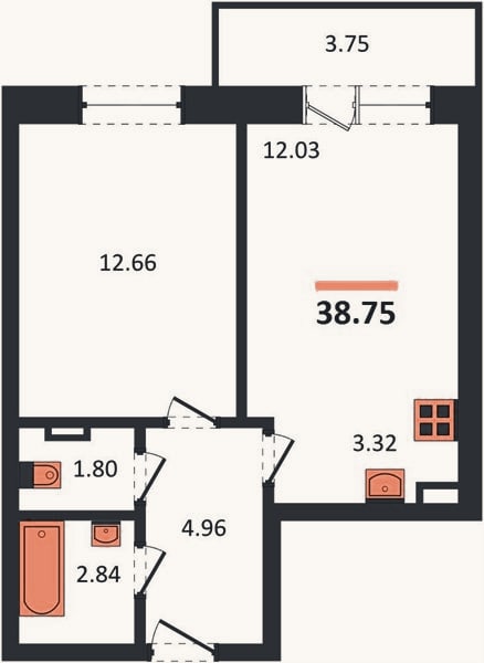 Планировка: 1-к, 37,6 м²