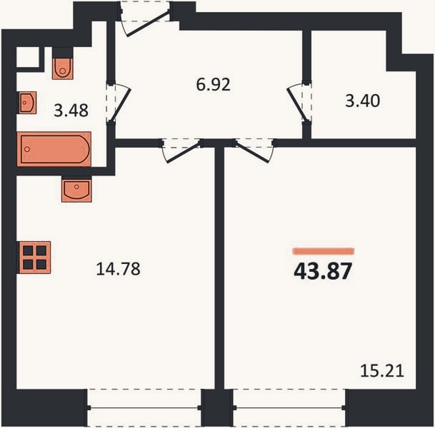 Планировка: 1-к, 43,9 м²