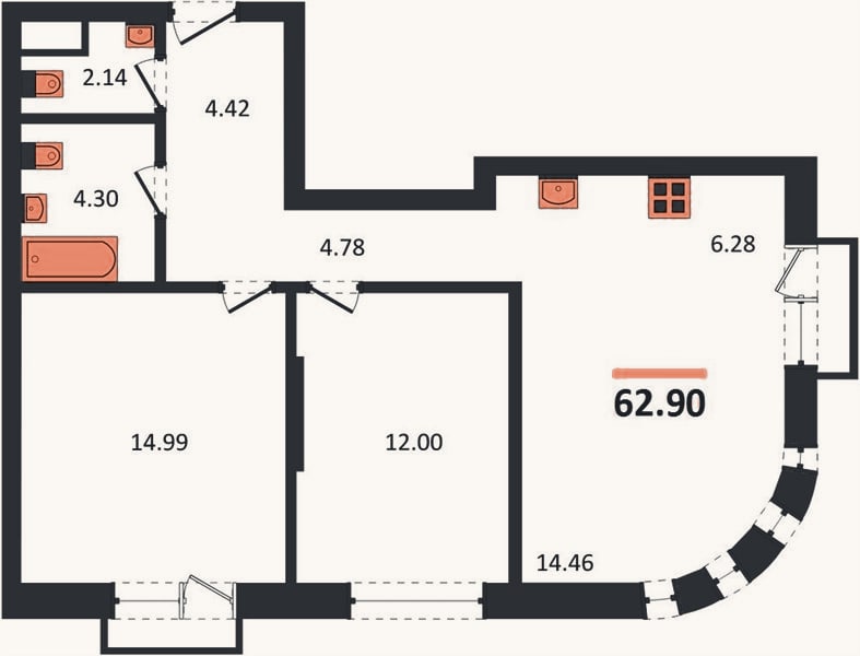 Планировка: 2-к, 62,9 м²