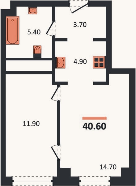 Планировка: 1-к, 40,6 м²