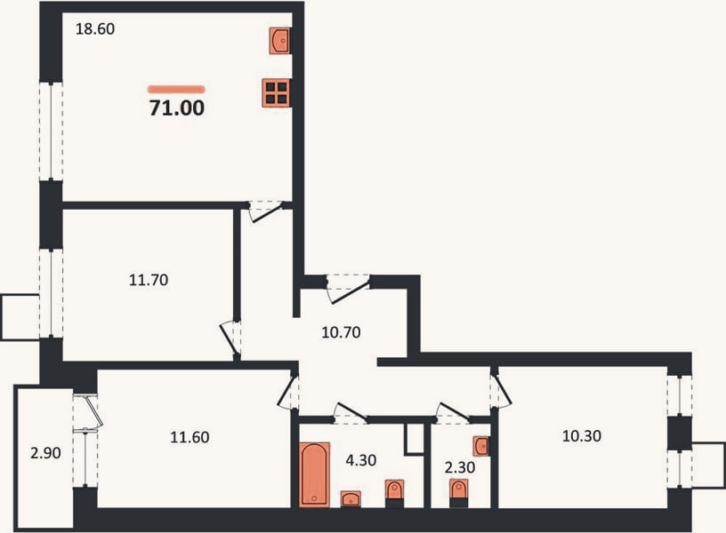 Планировка: 3-к, 71 м²