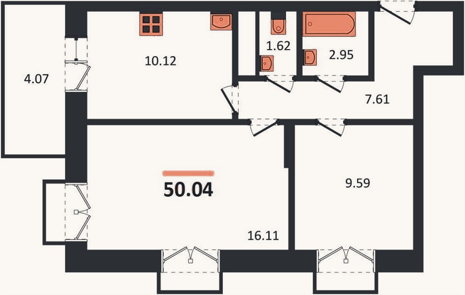 Планировка: 2-к, 50 м²