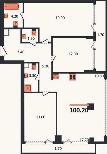 Планировка: 3-к, 100,2 м²