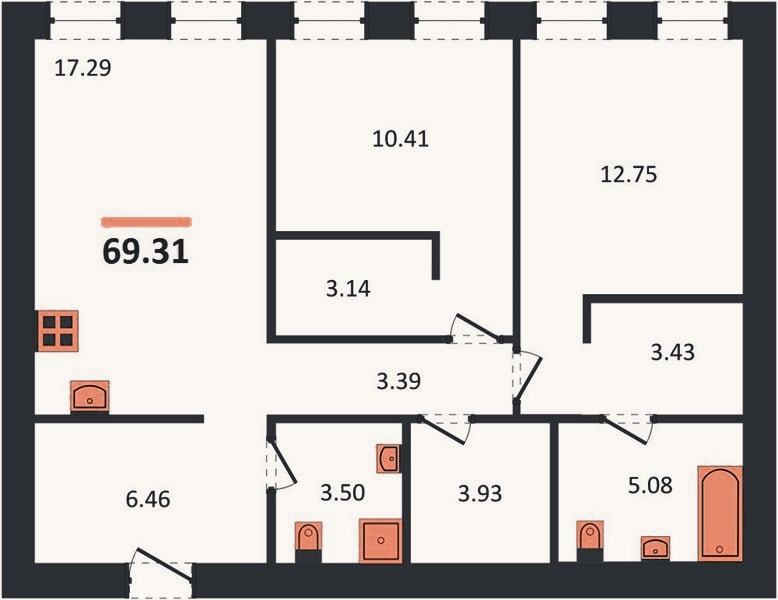 Планировка: 2-к, 69,3 м²