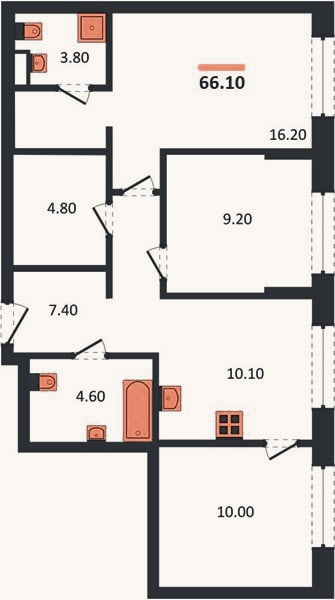 Планировка: 3-к, 66,1 м²