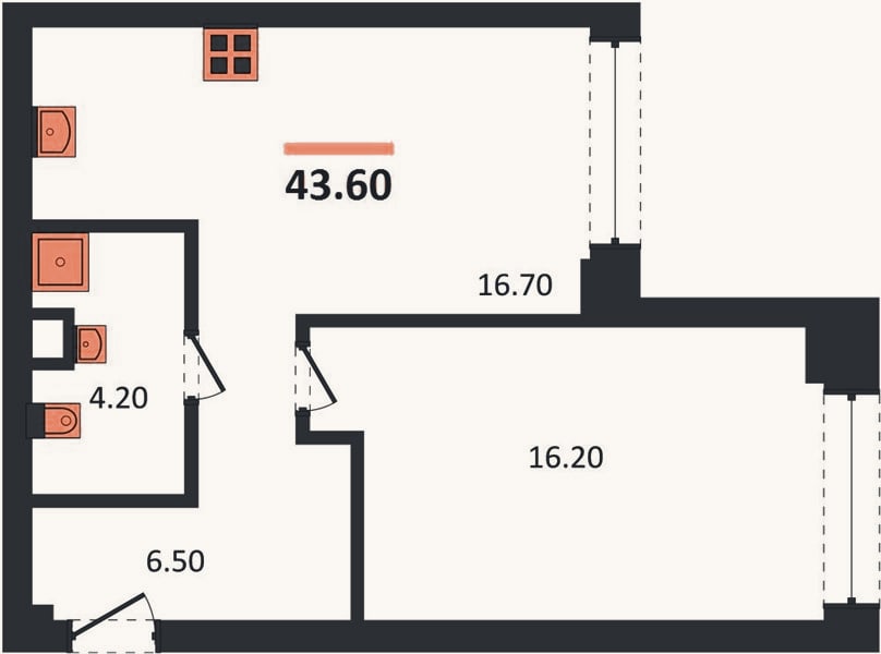 Планировка: 1-к, 43,6 м²
