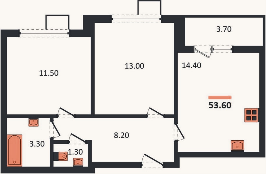 Планировка: 2-к, 53,6 м²