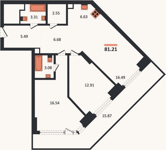 Планировка: 2-к, 81,2 м²