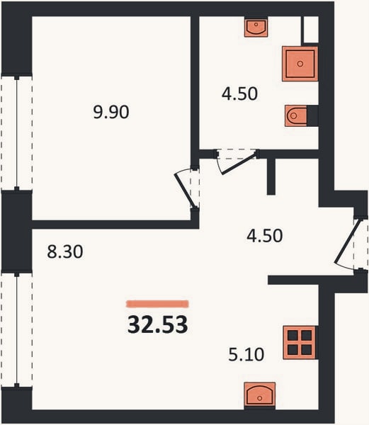 Планировка: 1-к, 32,5 м²