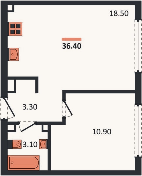 Планировка: 1-к, 36,4 м²