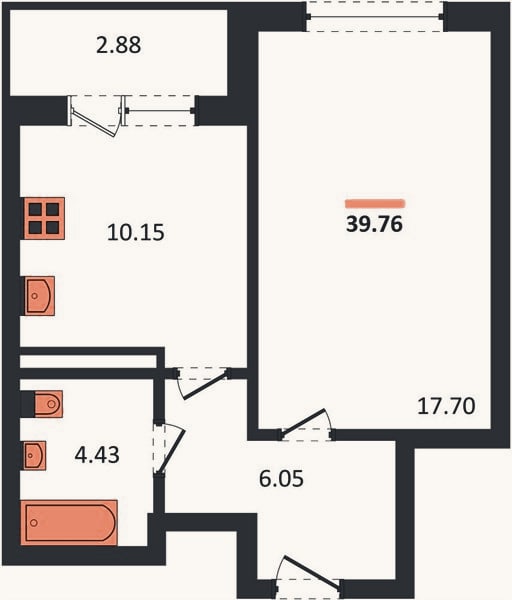 Планировка: 1-к, 39,8 м²