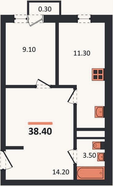 Планировка: 1-к, 38,4 м²