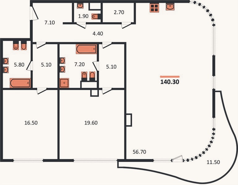 Планировка: 2-к, 140,3 м²