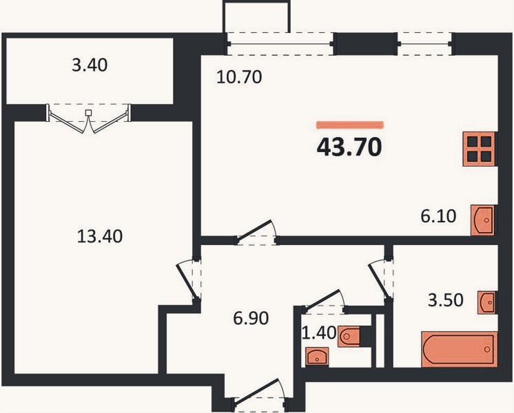 Планировка: 1-к, 43,7 м²