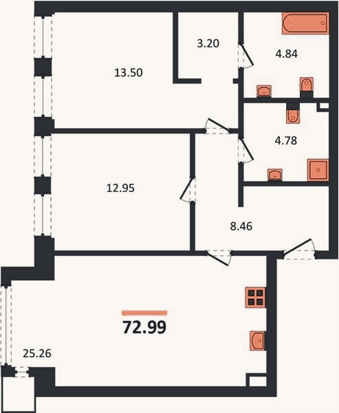 Планировка: 2-к, 73 м²