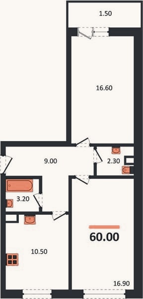 Планировка: 2-к, 60 м²