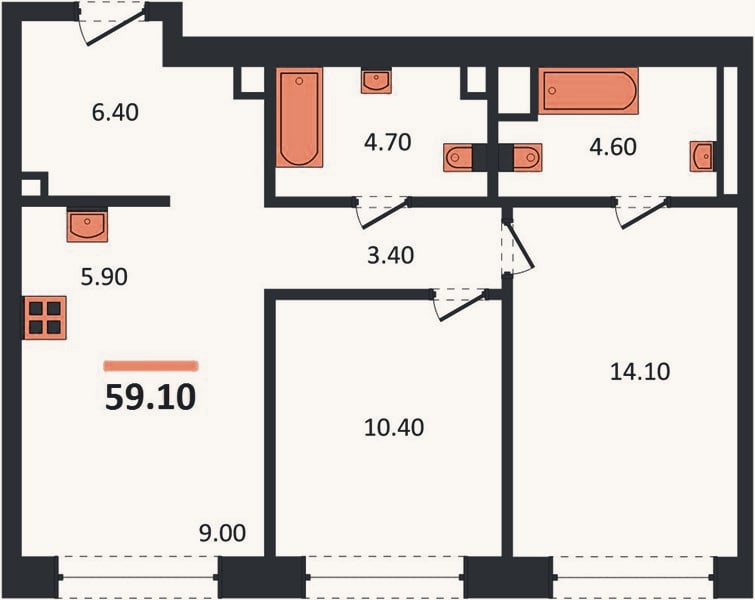 Планировка: 2-к, 59,1 м²