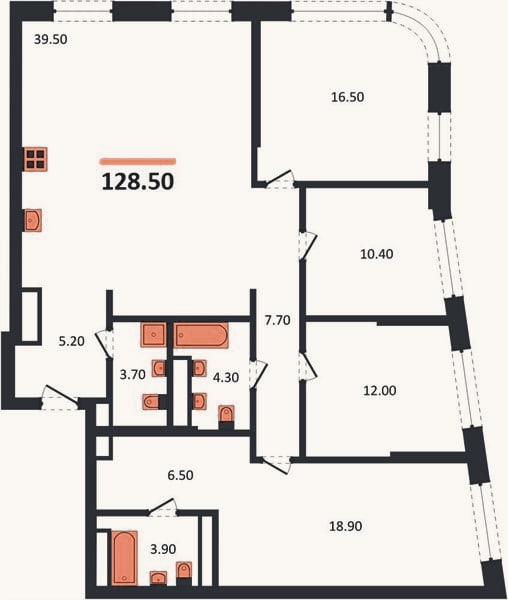 Планировка: 4+ к, 128,5 м²