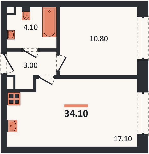Планировка: 1-к, 34,1 м²