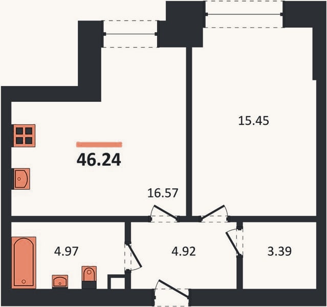 Планировка: 1-к, 46,2 м²