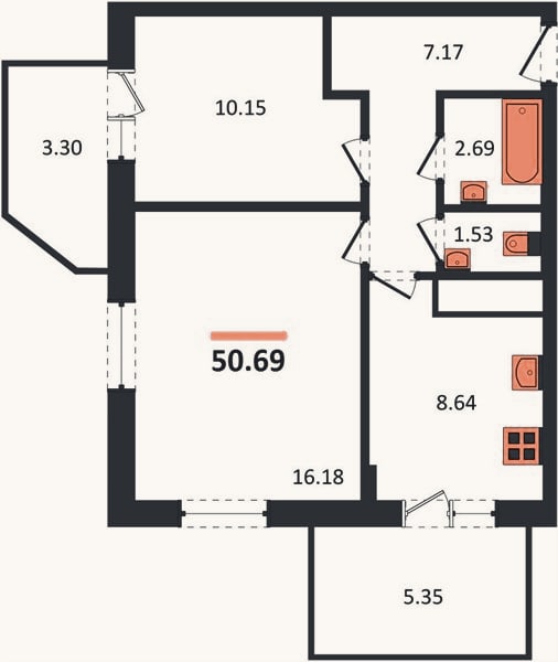 Планировка: 2-к, 50,7 м²