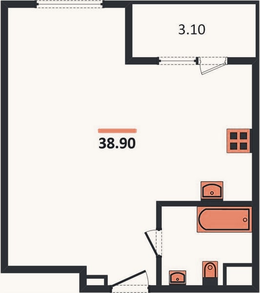Планировка: 1-к, 38,9 м²